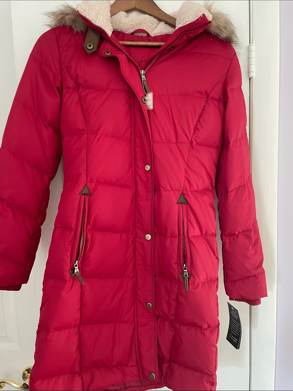 Lauren Ralph Lauren Red Quilted Long Puffer Coat with Faux Fur Trim